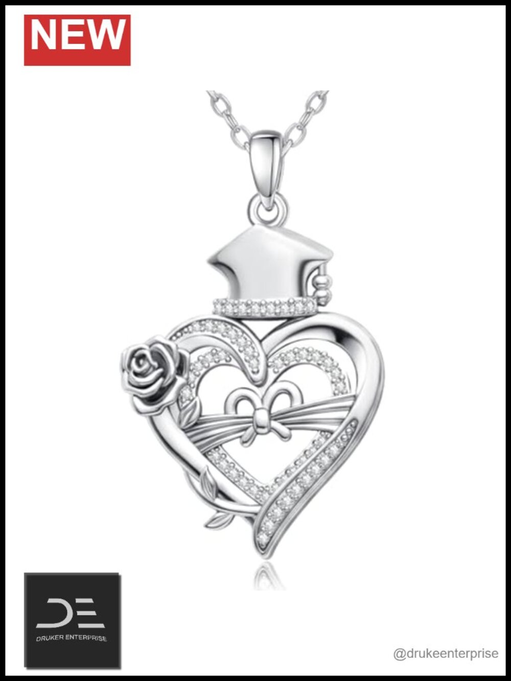14K White Gold Plated Graduation Necklace Heart Pendant Cubic Zirconia Jewelry